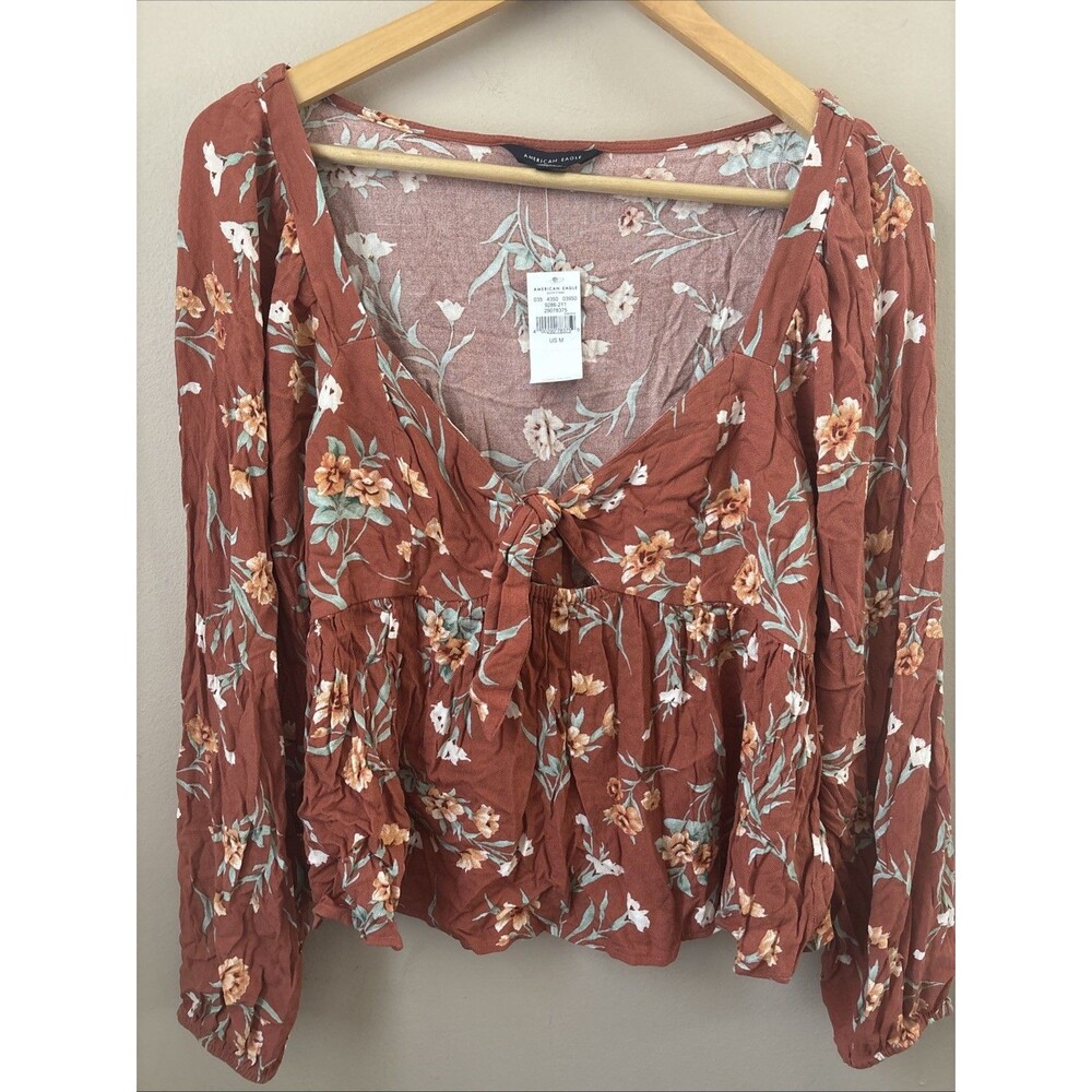 American Eagle Floral Peplum Blouse Womens M NWT Tie Front Long Sleeve